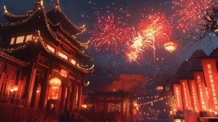 Fototapeta premium A vibrant display of red and gold fireworks illuminating a traditional Chinese pavilion, surrounded by festive New Year banners.