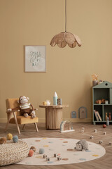 Minimalist composition of warm kid room interior with copy space, yellow wall, design furnitures ,...