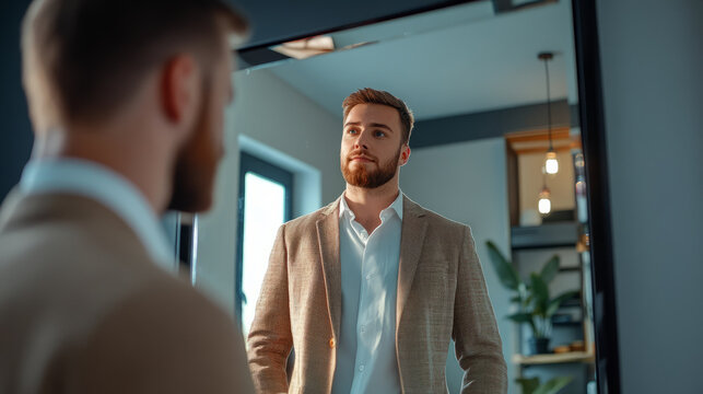 A presenter rehearsing their speech in front of a mirror, preparing for an important business meeting - Powered by Adobe