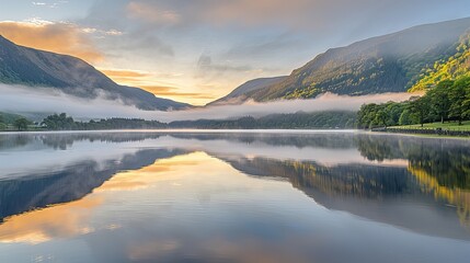 Obraz premium Golden Sunrise Over Misty Mountains: Tranquil Lake Reflections and an Inviting Path to Explore