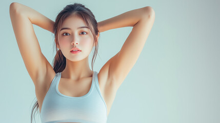 Fototapeta premium Woman Stretching with Hands Behind Head in Sports Bra