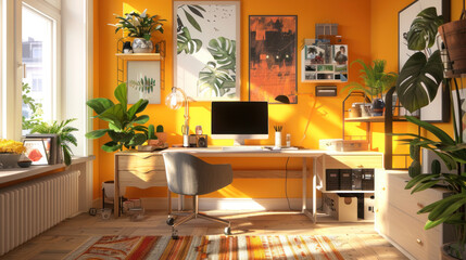 A creative home office setup with modular furniture, inspiring artwork, and plenty of natural light for an energetic work environment.