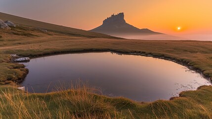 Golden Sunrise Over Misty Mountains: Tranquil Lake Reflections and an Inviting Path to Explore