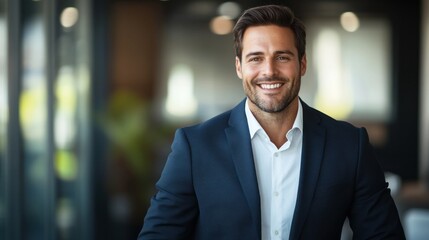 Fototapeta premium A smiling man in a suit stands confidently in a modern office environment.