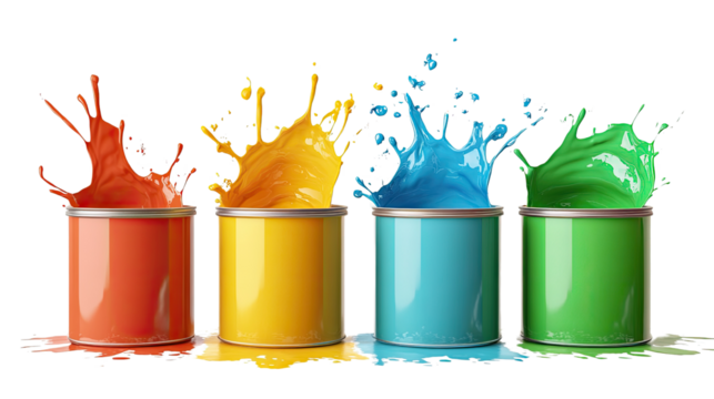 Colorful paint cans and a brush in a vibrant design illustration