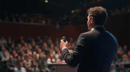 A professional speaking clearly and making eye contact with the audience during a live presentation