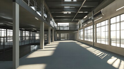 Obraz premium Spacious industrial interior with large windows and natural light.