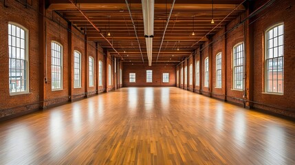 Spacious empty loft with wooden floor and exposed brick walls, featuring large windows providing ample natural light.