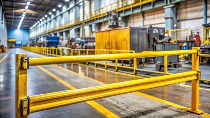 Galvanised yellow metal bar barrier with scratches on industrial machinery background