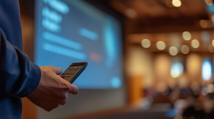 A speaker using a remote clicker to transition smoothly between slides during a formal presentation