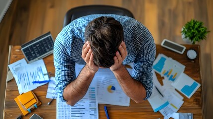 Stressed businessman overwhelmed with documents and reports at his desk