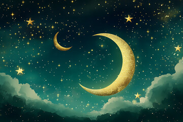 Fototapeta premium Eid background with crescent moons and stars in gold against a deep blue sky