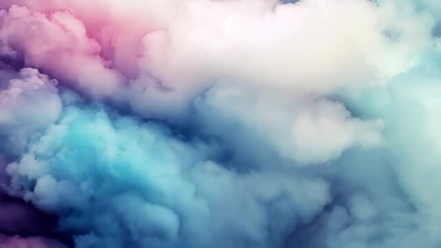 Pastel-colored clouds float slowly across a serene sky, blending pink, blue, and white in a dreamy, abstract video background.