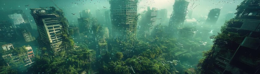 Worms-eye view of a giant city ruined overgrown with bioluminescent plants and vibrant wildlife, dystopian gloom