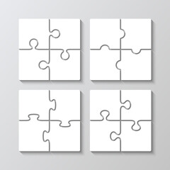 Cutting jigsaw grids templates set. 4 puzzle pieces templates collection. Scheme for thinking game. Simple mosaic background with separate details. Vector illustration.