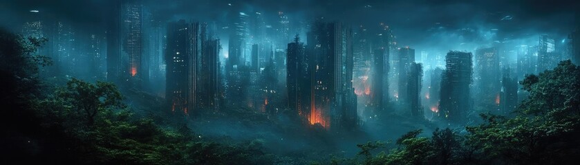 Obraz premium Worms-eye view of a giant city ruined overgrown with bioluminescent plants and vibrant wildlife, dystopian gloom