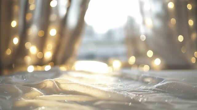 Elegant video background featuring sparkling lights and distant garlands, showcasing a white tablecloth, perfect for creating a romantic wedding atmosphere with space for text.