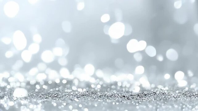 A video of glitter falling and shimmering against a bright silver and white background, creating a magical and festive atmosphere. Ideal for holiday themes or text overlays 2026 - 2027.