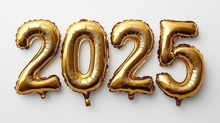 2025 in gold foil balloon letters on white background, happy new year