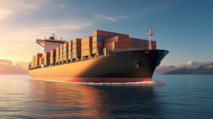 A large container ship navigates the serene ocean, showcasing its colorful cargo and striking design, illuminated by warm sunlight from behind