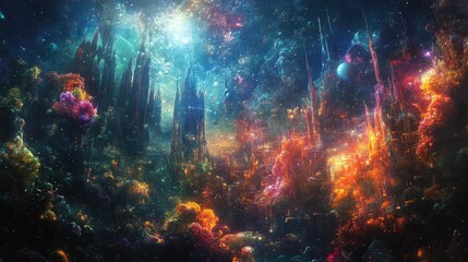 Obraz premium Worms-eye view of a vibrant underwater city, artistic movements blend with marine life, colors and patterns burst, surreal dreamscape