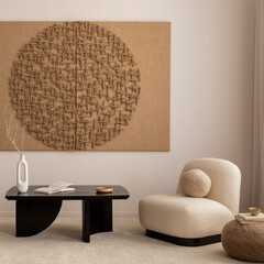 Interior design of living room with mock up poster frame, modern black coffee table, beige sofa,...