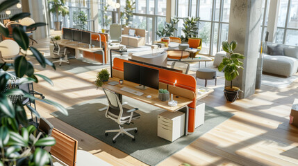 A customizable workspace of the future, where employees configure AI-powered tools, modular seating, and smart lighting to create their ideal work environment.