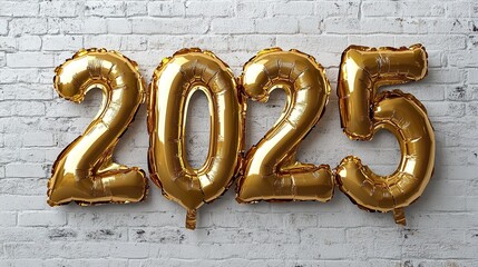 2025 in gold foil balloon letters on white background, happy new year