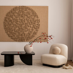 Creative composition of living room interior with modern paintings, white armchair, wooden black...