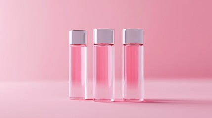 Three elegant cosmetic bottles with pink liquid on a pink background, showcasing a minimalist and modern beauty aesthetic.