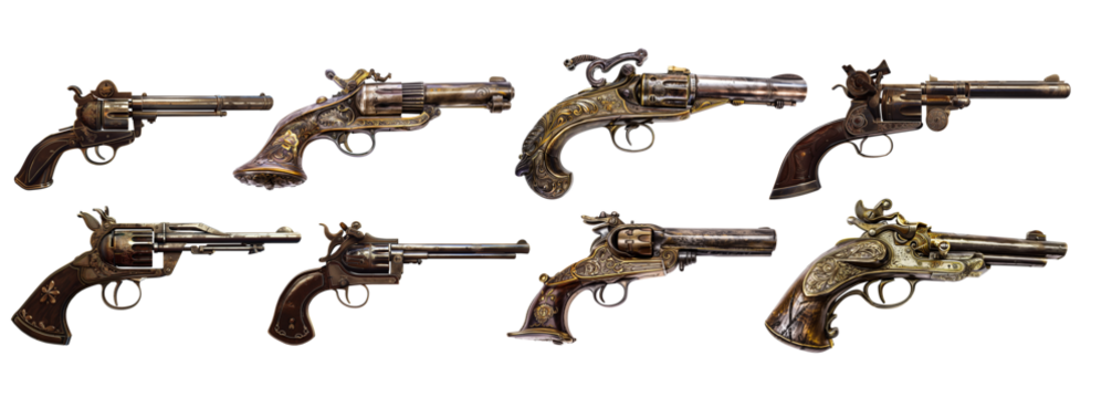 vintage cowboy gun set  isolated on transparent or white background	