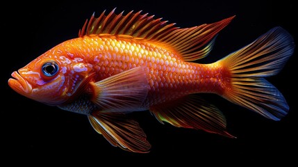 Fototapeta premium A vibrant red siam fish against a dark black backdrop.