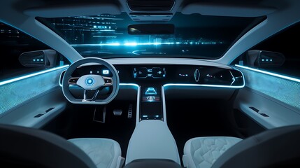 Futuristic Car Interior with Autonomous Driving Features, Digital Dashboard, and Holographic Displays in a High-Tech Setting