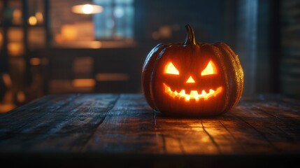 A beautifully carved Halloween pumpkin sits on a rustic wooden table
