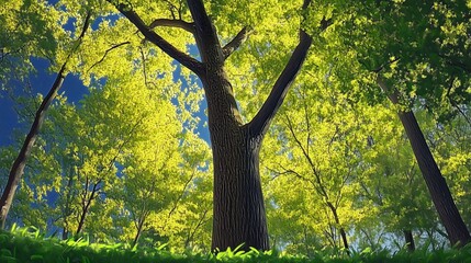 Fototapeta premium Pristine forest towering trees with green leaves on a bright sunny day
