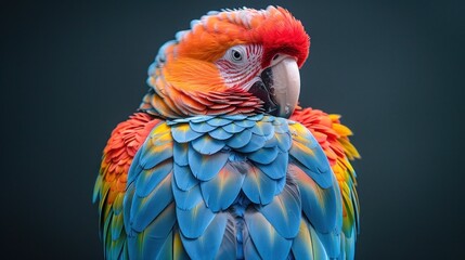Obraz premium Blue background with colored feathers of vibrant parrot.