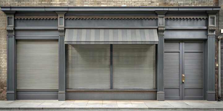 Closed grey zinc shutters shop front with a vintage aesthetic
