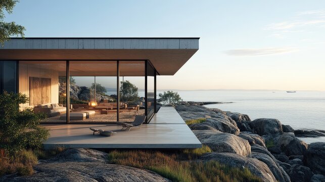 A modern Scandinavian villa on a rocky coastline, featuring an open floor plan and expansive windows that frame panoramic views of the sea.