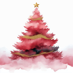 Watercolor illustration of a pink Christmas tree with golden stars on a white background