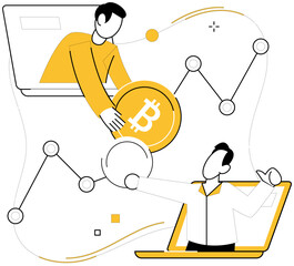 Bitcoin trading vector illustration. Blockchain, foundation, lays groundwork for secure and transparent financial future powered by Bitcoin Exchanging, alchemy, transforms mundane into extraordinary