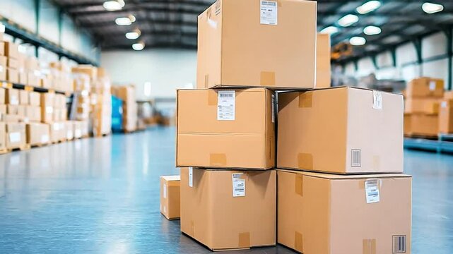Overview of a warehouse interior with cardboard box stacks ready to shipping. E-commerce distribution and Logistic.