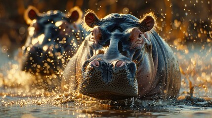 Fototapeta premium Could you clarify what specific aspects you'd like to include about the hippo and the bouncing pig.