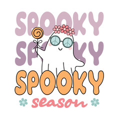 Retro Halloween illustration. Groovy Halloween ghost clipart. Hand drawn vector illustration in flat style