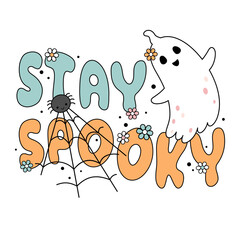 Retro Halloween illustration. Groovy Halloween ghost clipart. Hand drawn vector illustration in flat style