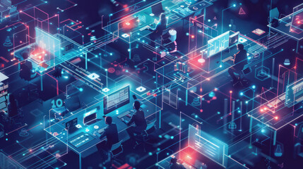 Fototapeta premium A decentralized workplace where teams use blockchain-based platforms, smart contracts, and cloud technology to manage tasks across locations.