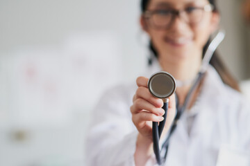 Doctor, closeup and woman with stethoscope in office for healthcare, support and lungs check....