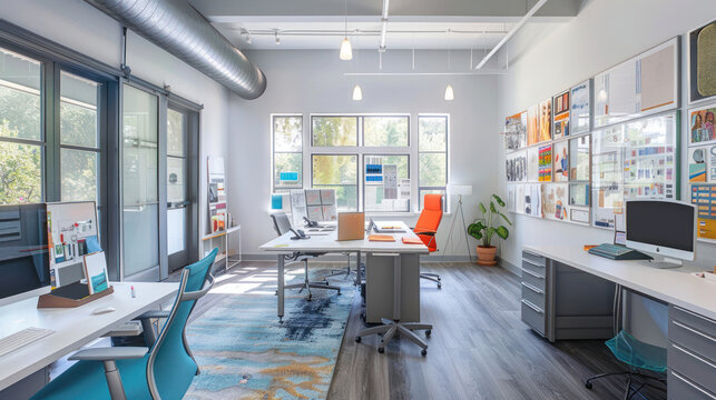 A design studio's creative workspace with digital tools, mood boards, and flexible seating, allowing for seamless project collaboration.