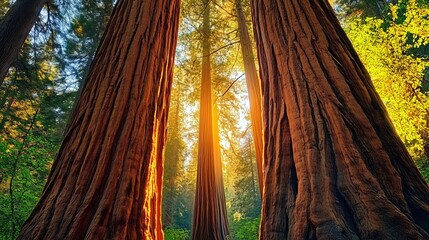 Tall sequoia trees on a bright sunny day 