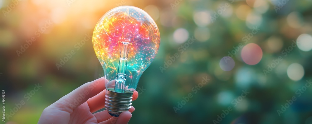Poster hand holding lightbulb with colorful sparkles and bokeh background