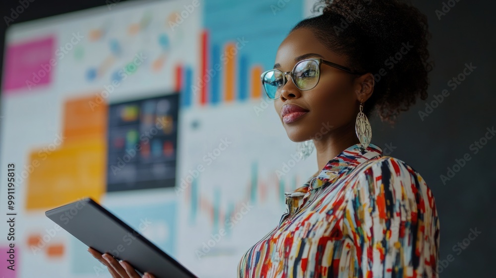 Poster A professional woman holding a tablet in front of colorful data visualizations.